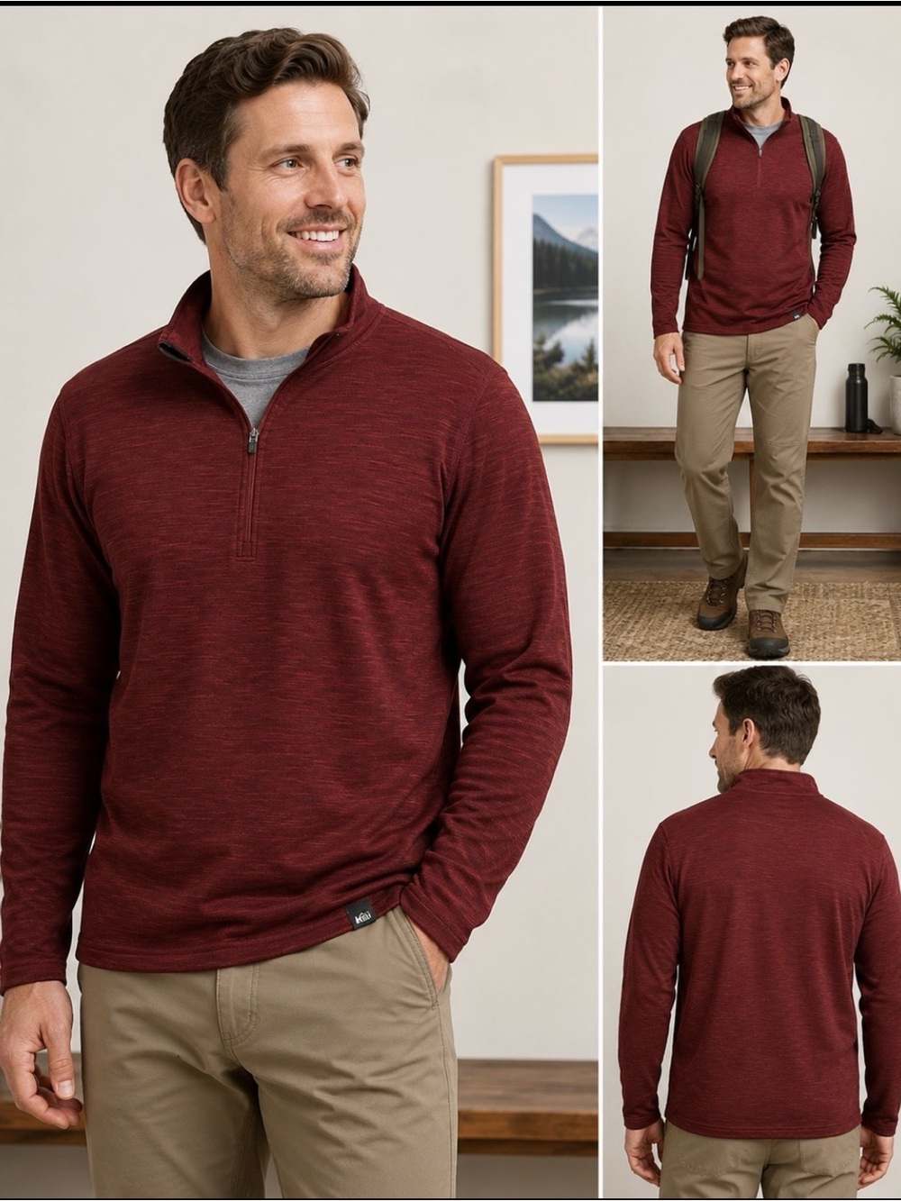 REI Co-op Men’s Large Burgundy Quarter Zip Pullover Long Sleeve Outdoor Hiking